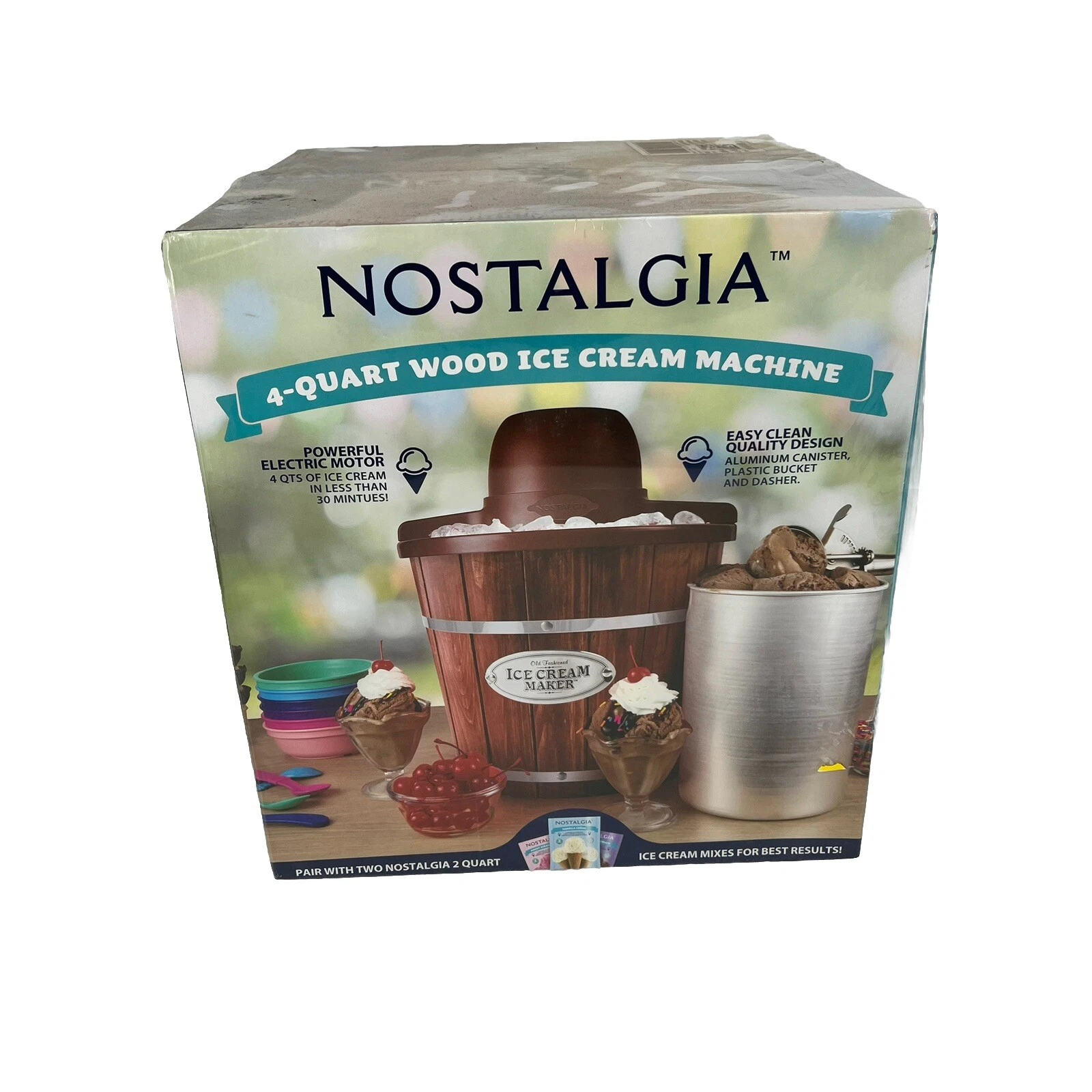 ✅Nostalgia Electric 4-Quart Wood Bucket Ice Cream Frozen Yogurt Gelato Maker NEW