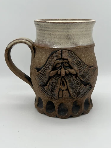 Studio Art Pottery Signed 3D Stoneware Ugly Face Long Hair Cup Mug Vintage
