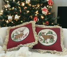 2 Vintage Christmas Pillows Handmade Double Sided 15  Buck Doe Deer Cardinals