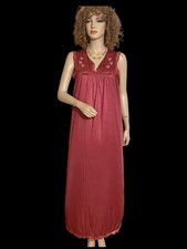 Vintage Long Maroon Embroidered Bodice Nylon Nightgown Sz S by J. C . Penny