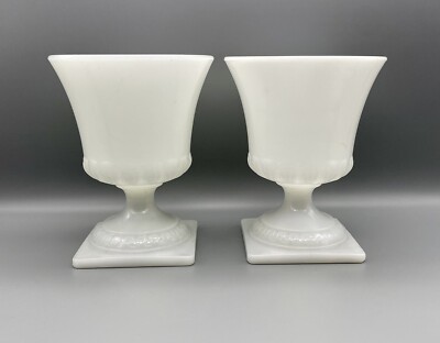 2 Vtg. E. O. Brody Milk Glass Greek Key Wheat Pattern Compote Pedestal Planters