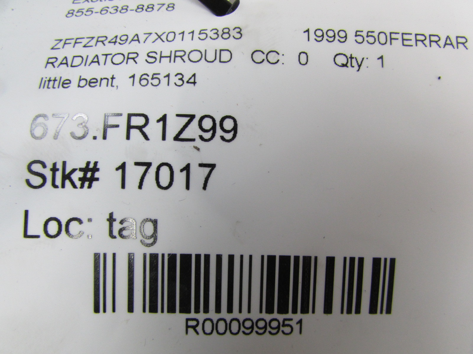 Ferrari 550, Radiator Cooling Fan Shroud, Used, P/N 165134