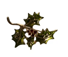 Holly Berry Sprig Holiday Brooch With Faux Ruby Berries : Classic & Understated