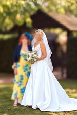 A-Line Wedding Dress V-Neck Lace Satin with Pockets and Train