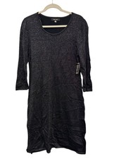 Nine West Metallic Black Knit Dress Womens Large 3/4 Sleeve Scoop Neck