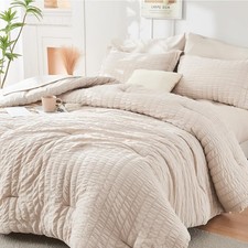 Beige Queen Comforter Set Seersucker 7 Pieces, All Season Luxury Bed in a Bag
