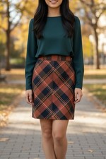 Plaid A-Line Warm Rust Skirt 8 Academia Preppy Lined Stretchy Career Office Cozy