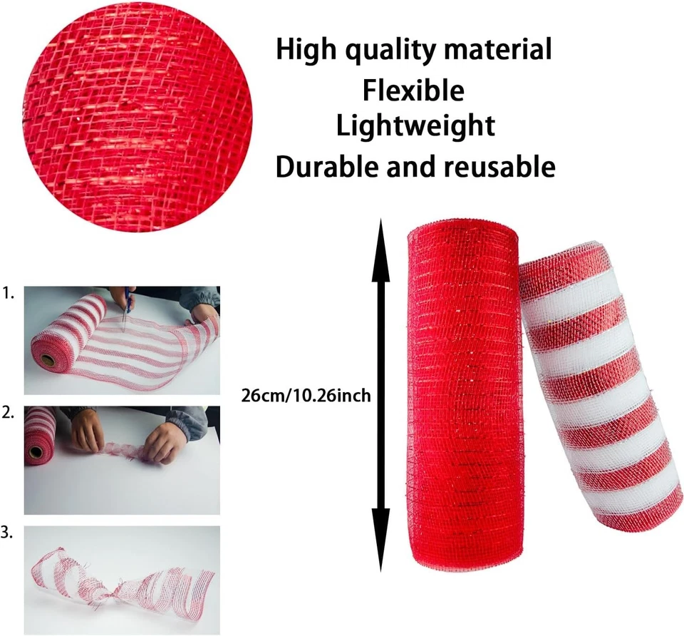 Deco Mesh Rolls – Red, White & Metallic Foil, 10 Inch x 30 Feet (Set of 4) - Image 2 of 4