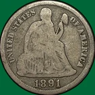 1891-S Seated Liberty Dime Very Good VG Coin, Scratch #37222
