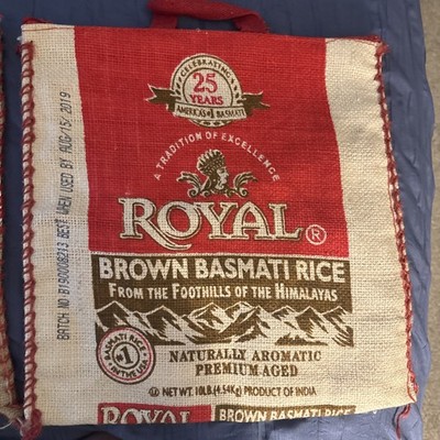 1 Royal Basmati Rice Burlap Handles Zipper Heavy Duty 1 Golden Crown bag. Notice