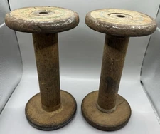 Vintage Large Industrial Wooden Spools Primitive Object Art  9.5" Tall Pair Of 2