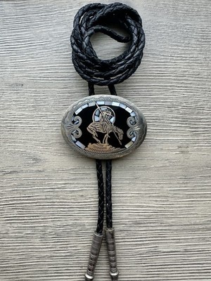Vintage Johnson Held End of the Trail Bolo Tie Mother of Pearl Inlay