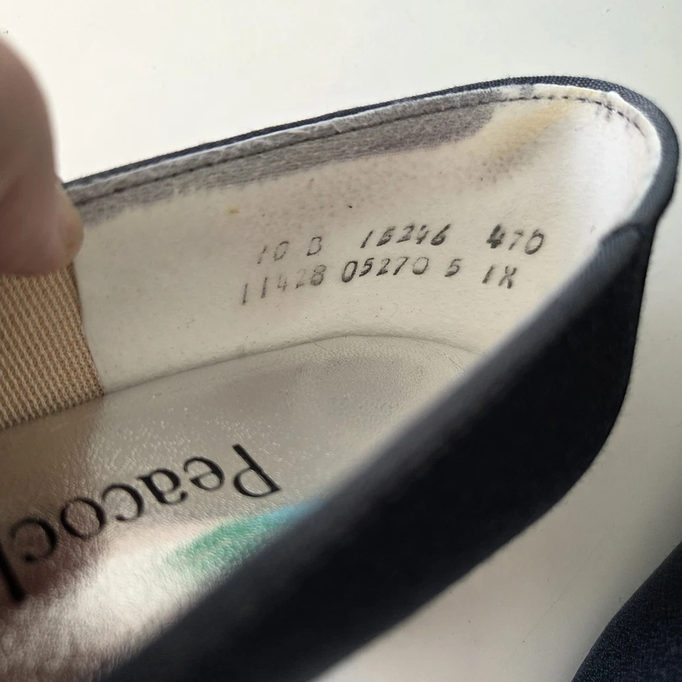 De colección 1992 Azul Marino Satinado Gatito Tacones 10B Pavo Real Suela Flexi Retro Con Caja EE. UU. Foto 4 de 4