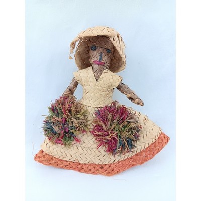 Hand Woven Straw Doll Figurine Folk Art Dress Hat Unique Accent Piece