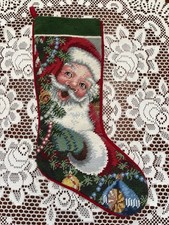 19.5x6.5  I HAVE OVER 75 Needlepoint Christmas Stockings - Peeking Santa1
