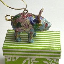 Enamel Cloisonne Pig Ornament Lucky Charm Blue Floral Gold Trim Hanging Decor
