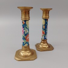 Candlestick Holders Cloisonne Brass Floral Enamel Inlay Blue