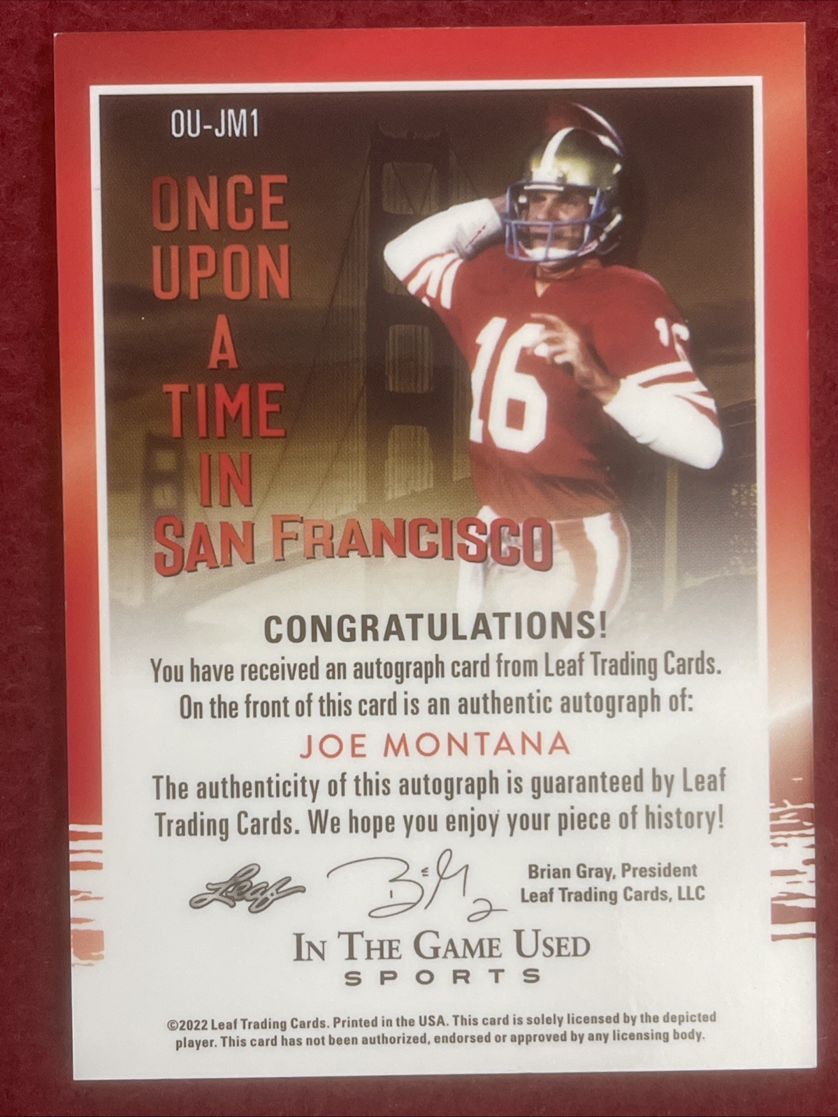 Joe Montana Auto /10! 2023 Leaf In The Game Used -Once Upon A Time In SF🔥49ers view 2