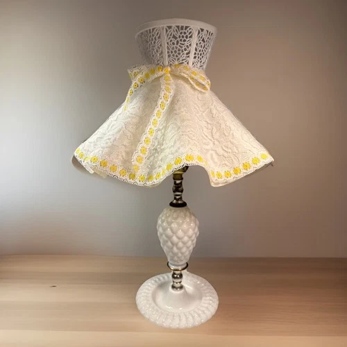 Vintage Quilted Diamond Milk Glass Lamp with Floral Lace/Plastic Shade Works MCM