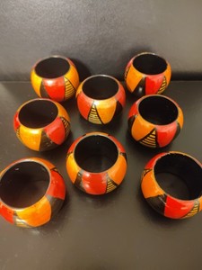 Vintage abstract Napkin Rings set 8 Orange Black wooden Style Rings J1