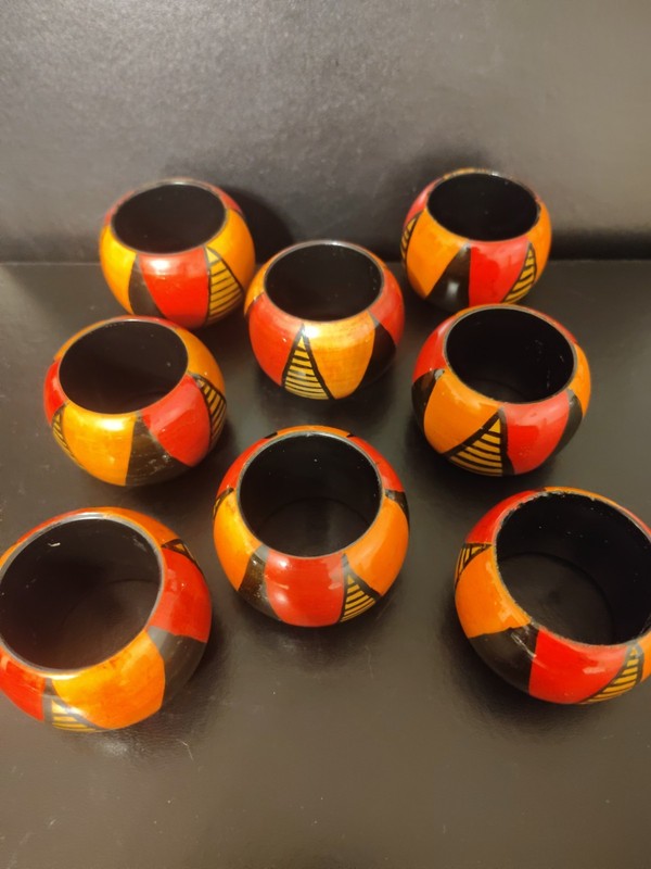 Vintage abstract Napkin Rings set 8 Orange Black wooden Style Rings J1