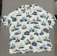 Vtg Paradise Found - Men's 3X Lighthouses White Hawaiian Magnum PI Short Sleeve