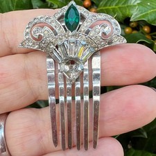 VINTAGE ART DECO STYLE GREEN  CLEAR RHINESTONES HAIR COMB SILVER TONE METAL