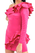 Flounce London Women's One Shoulder Frill Satin Mini Dress Size 4 Fuchsia