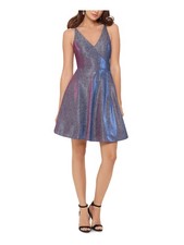 XSCAPE Womens Silver Spaghetti Strap V Neck Mini Evening Fit + Flare Dress 8