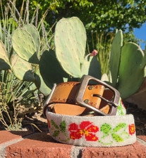 Vtg Hand Beaded Brown Tan Leather Belt 36 Floral White W/ Red Flowers Boho BU