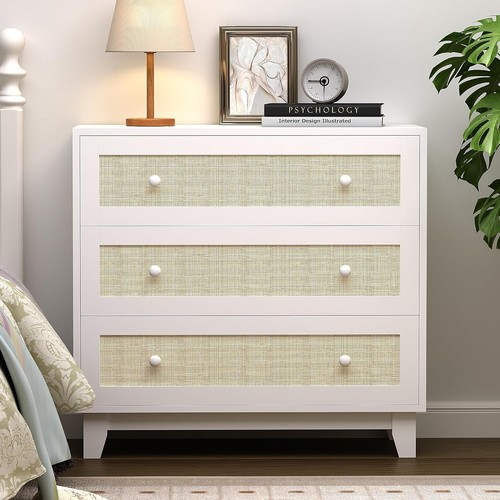 3 Drawer Dresser for Bedroom, Boho Small White Rattan Closet Dressers Chest of D