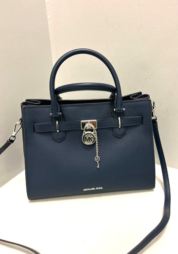 Michael Kors Hamilton Medium Women Leather Satchel Crossbody Handbag Purse Navy - Afbeelding 1 van 15