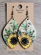 Hand Painted Laser Cut Wood Earrings Etched Sunflower 2.5"