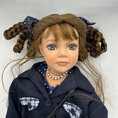 Porcelain Doll Girl Dark Brown Braided Hair Blue Eye Cloth Body Vtg Thailand - Picture 4 of 23