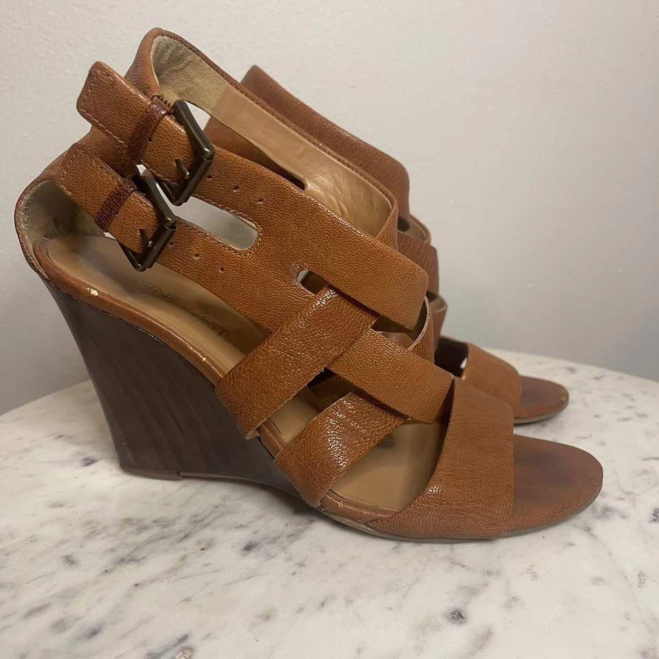 Sandalias Nine West "Mauren" Bronceado Gladiador Talla 8.5 Cuñas Tacón Tirantes Zapatos -K1 Foto 4 de 4