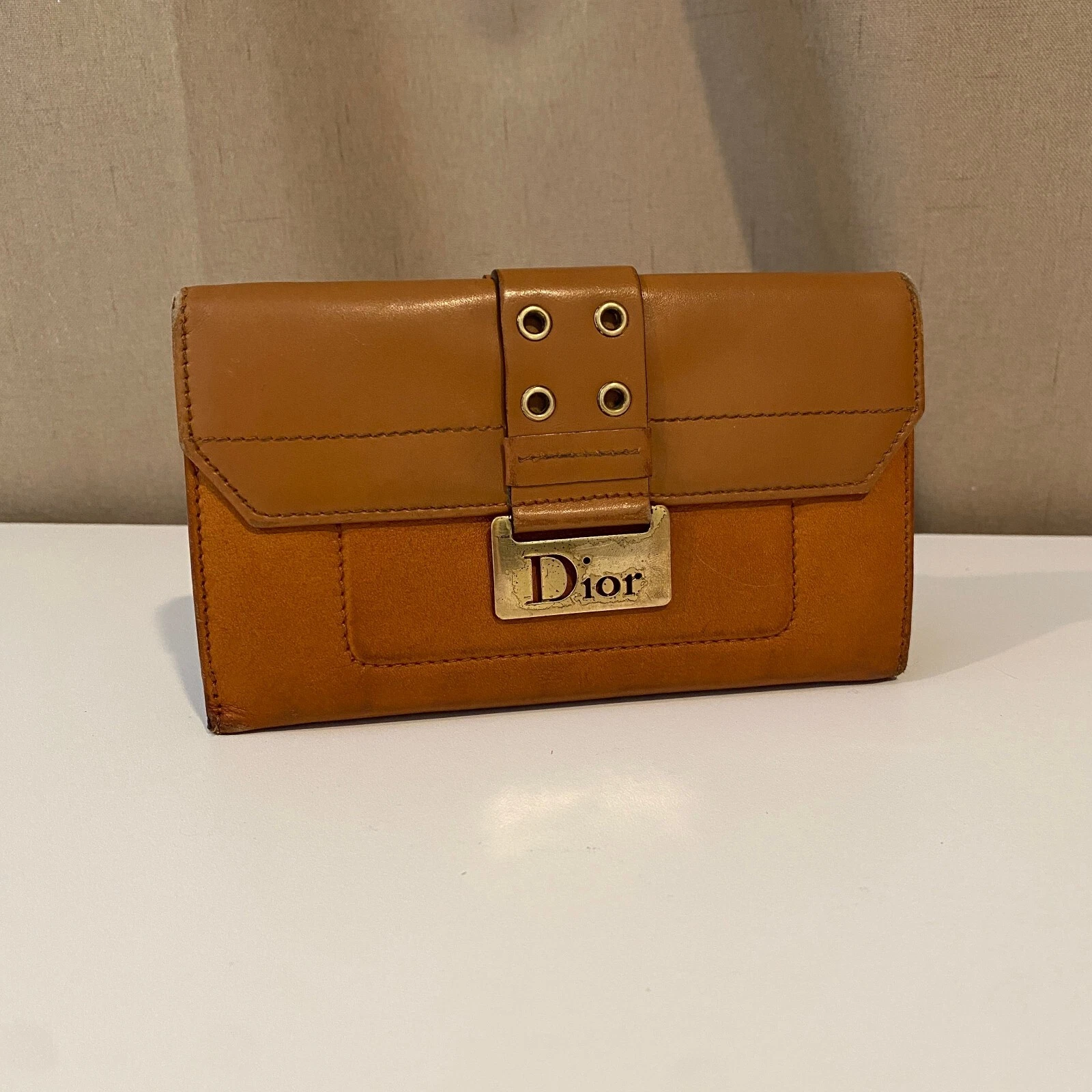 Portefeuille Christian Dior 2002 cuir de veau marron or quincaillerie 6,5x4