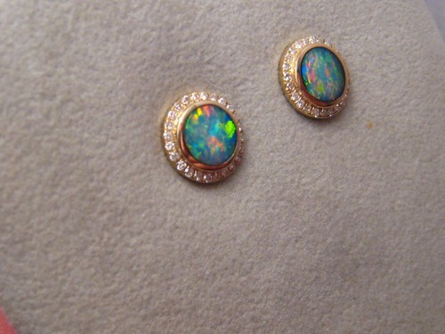 Pendientes de tachuelas de ópalo natural y diamante, oro amarillo sólido de 14 K, redondos de 9 mm - Imagen 10 de 13
