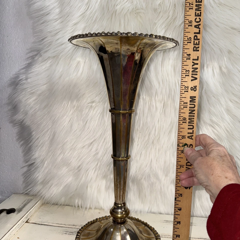 "Florero trompeta 15"" con paneles borde Gadroon plata oro deslustre" Foto 3 de 4