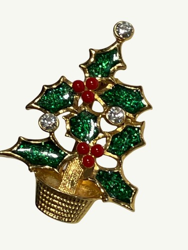 Avon Vintage Christmas Holly Brooch Pin With Green Glitter Enamel Red Berries - Picture 11 of 11