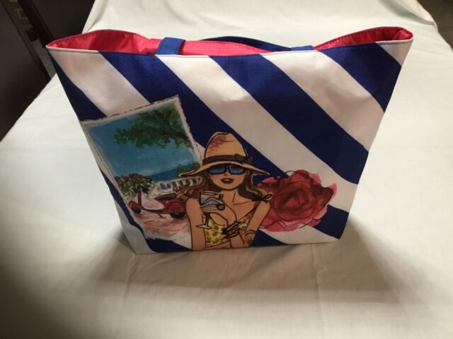 Lancom Paris tote bag Blue White Lady in France Floral lined in Pink
