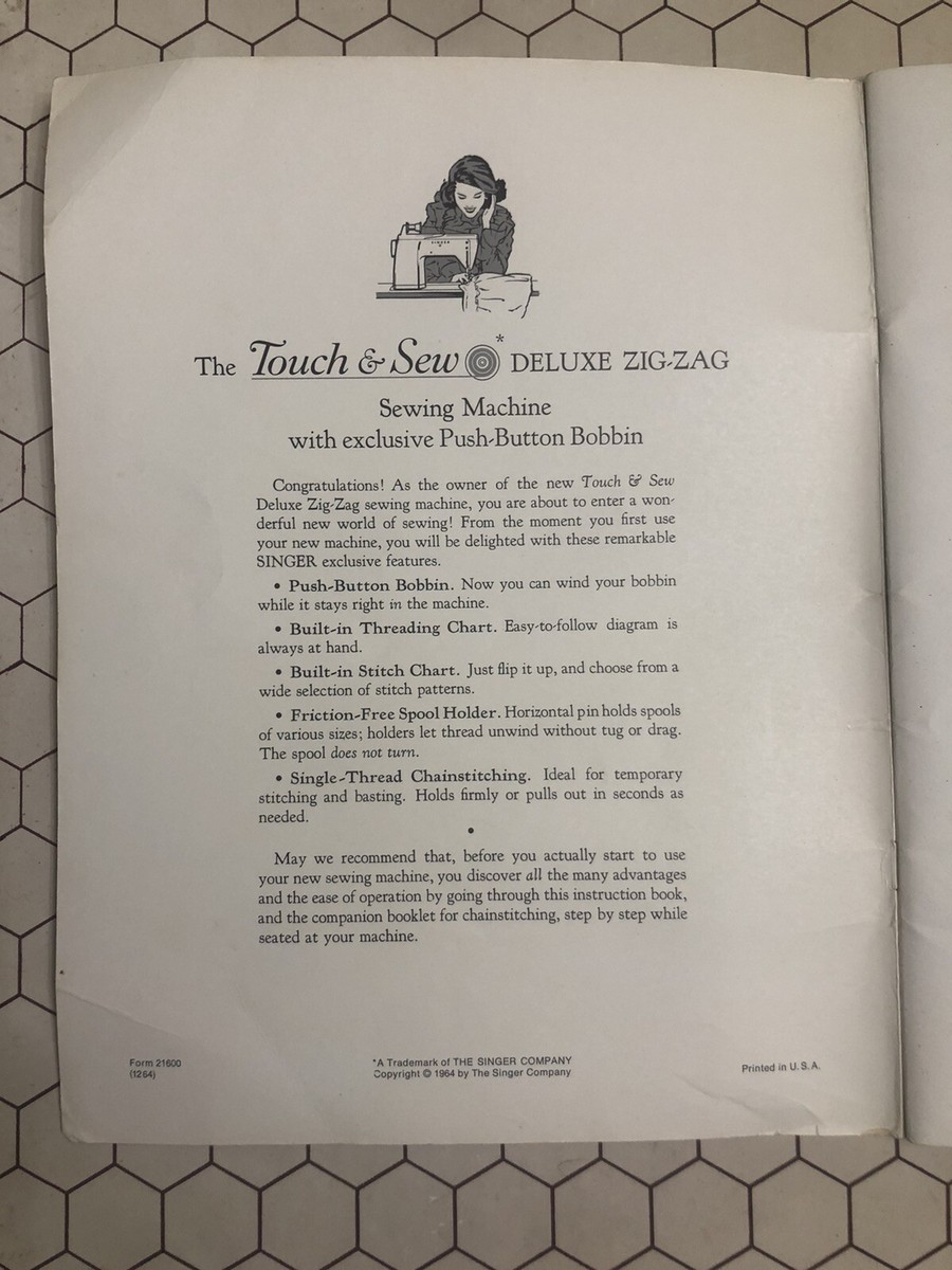 Singer Sewing Machine 1964 Instructions Using Touch & Sew Manule