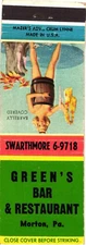Green's Bar & Restaurant, Morton, Pennsylvania Vintage Matchbook Cover