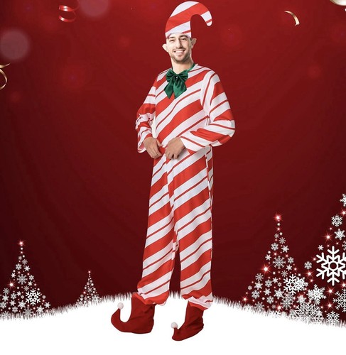NEW Men`s Candy Cane Costume Adult Medium Funny Red & White Christmas Party Suit - Picture 4 of 4