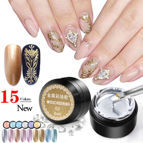 Metallic Mirror Gold Silver Chrome Nails Art Painting Liner UV Gel Polish  Ⓢ - Picture 1 of 32