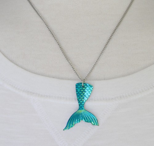 Mermaid necklace Silver Turquoise tail pendant chain 18" long shimmery scales - Picture 7 of 10
