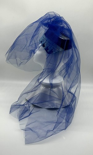 Vintage Ladies Long Blue Veiled Netting Fascinator Hat Velvet Light Blue Lace - Picture 8 of 12