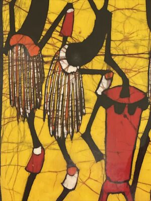 バティック絵画 African Wax Batik Art Pair Signed Tribal 16” x 29” Framed Estate