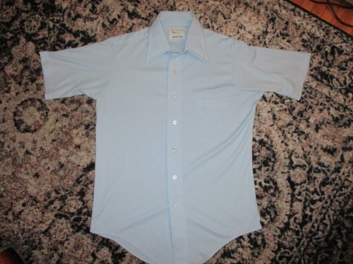 vtg VAN HEUSEN VANKNIT SPLENDOR POLYESTER SHIRT Button Front Blue 15.5 SM/MED - Imagen 4 de 4