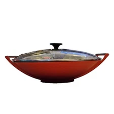 Le Creuset Cast Iron Wok with Glass Lid 36 Volcanic Orange 4.5L(?) FLAWS READ