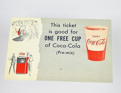 Schöner alter Coca-Cola Coupon USA 1950er - One Free Cup of Coca-Cola Pre-Mix